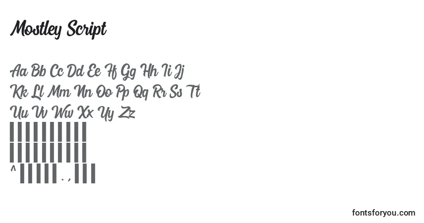Czcionka Mostley Script – alfabet, cyfry, specjalne znaki