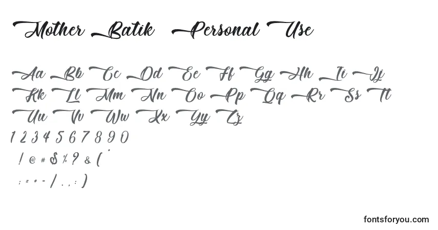 A fonte Mother Batik   Personal Use – alfabeto, números, caracteres especiais