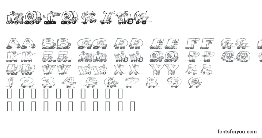 Schriftart Motoring (134992) – Alphabet, Zahlen, spezielle Symbole