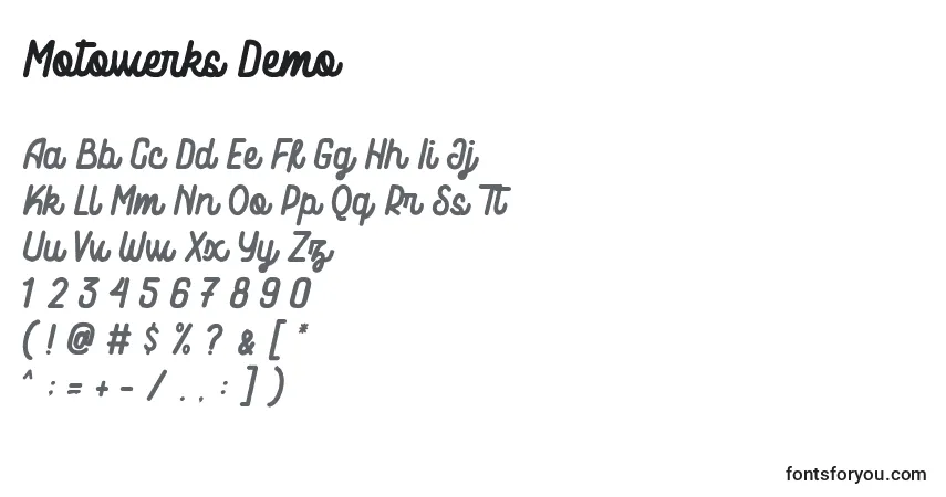 Schriftart Motowerks Demo (134996) – Alphabet, Zahlen, spezielle Symbole