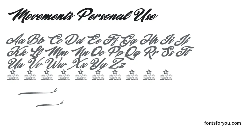 Schriftart Movements Personal Use – Alphabet, Zahlen, spezielle Symbole