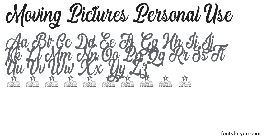 Schriftart Moving Pictures Personal Use – Alphabet, Zahlen, spezielle Symbole