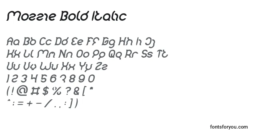 Schriftart Mozzie Bold Italic – Alphabet, Zahlen, spezielle Symbole