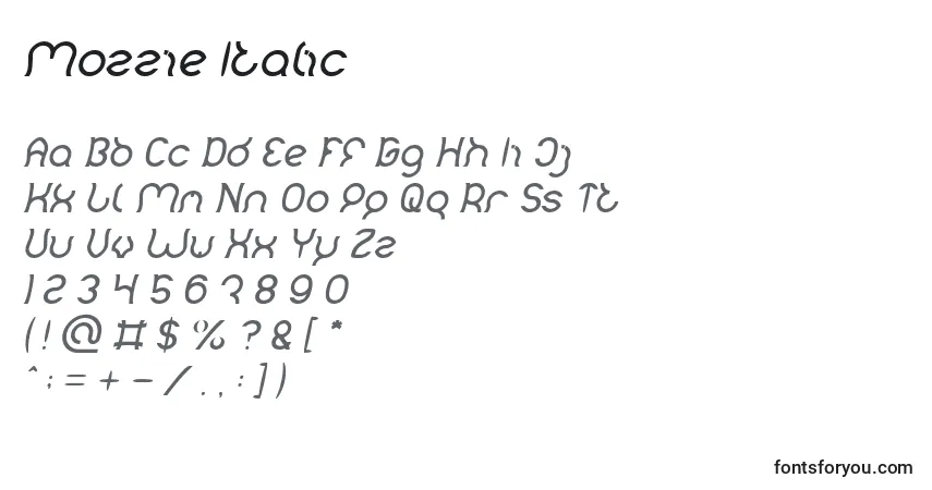 Schriftart Mozzie Italic – Alphabet, Zahlen, spezielle Symbole