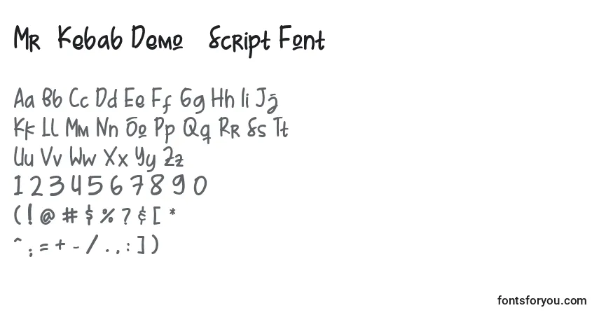 A fonte Mr  Kebab Demo   Script Font – alfabeto, números, caracteres especiais