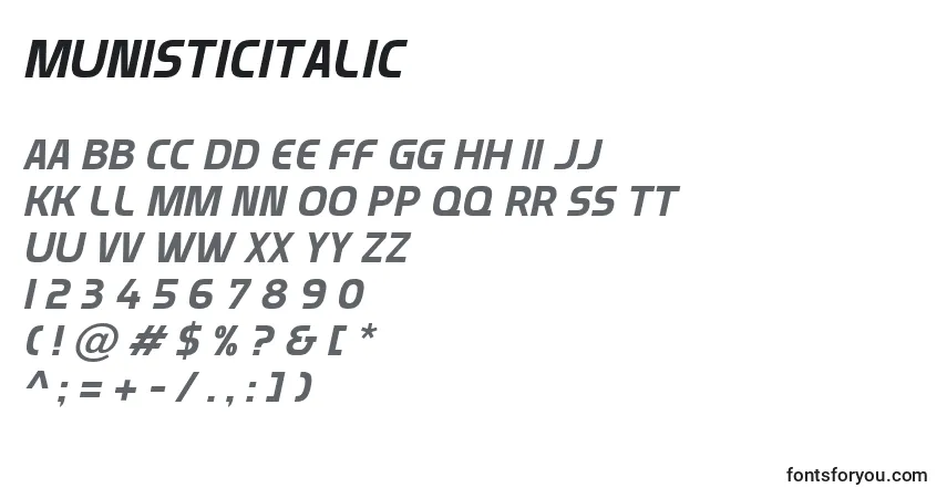 A fonte MunisticItalic – alfabeto, números, caracteres especiais