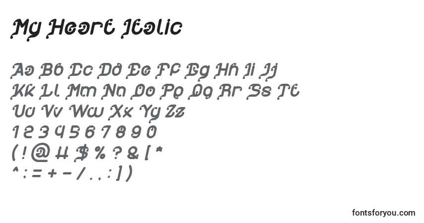 Czcionka My Heart Italic – alfabet, cyfry, specjalne znaki