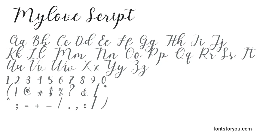 Czcionka Mylove Script – alfabet, cyfry, specjalne znaki