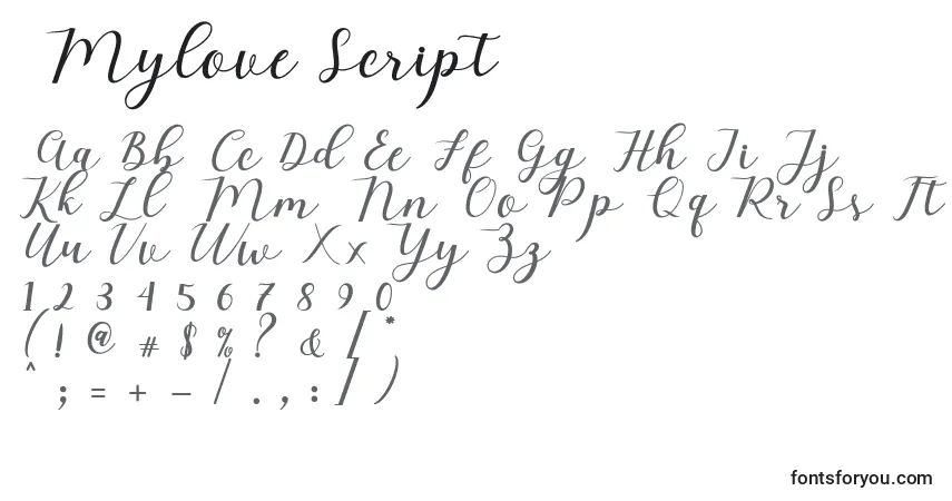 A fonte Mylove Script (135187) – alfabeto, números, caracteres especiais