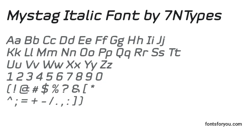 A fonte Mystag Italic Font by 7NTypes – alfabeto, números, caracteres especiais