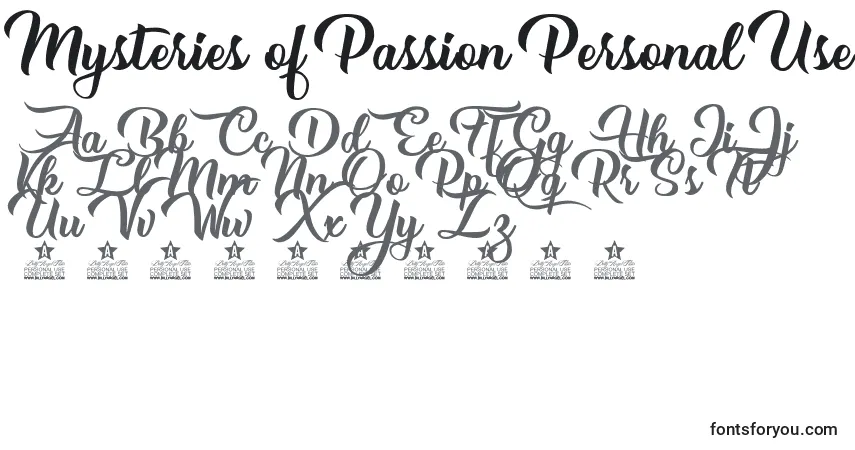 A fonte Mysteries of Passion Personal Use – alfabeto, números, caracteres especiais