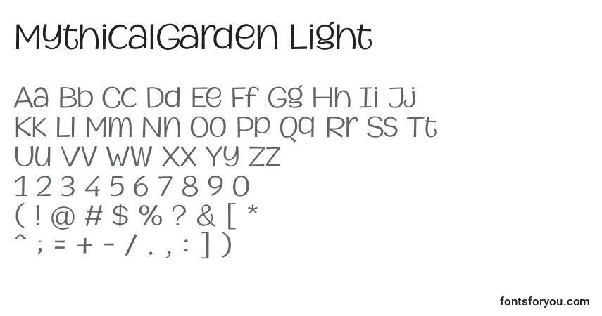 Schriftart MythicalGarden Light – Alphabet, Zahlen, spezielle Symbole