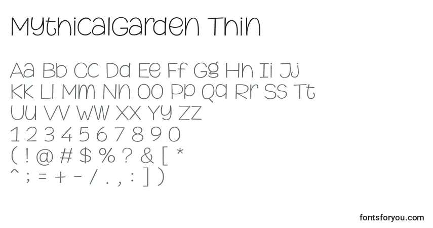 A fonte MythicalGarden Thin – alfabeto, números, caracteres especiais