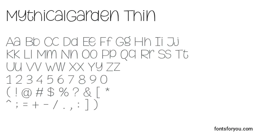 A fonte MythicalGarden Thin (135212) – alfabeto, números, caracteres especiais