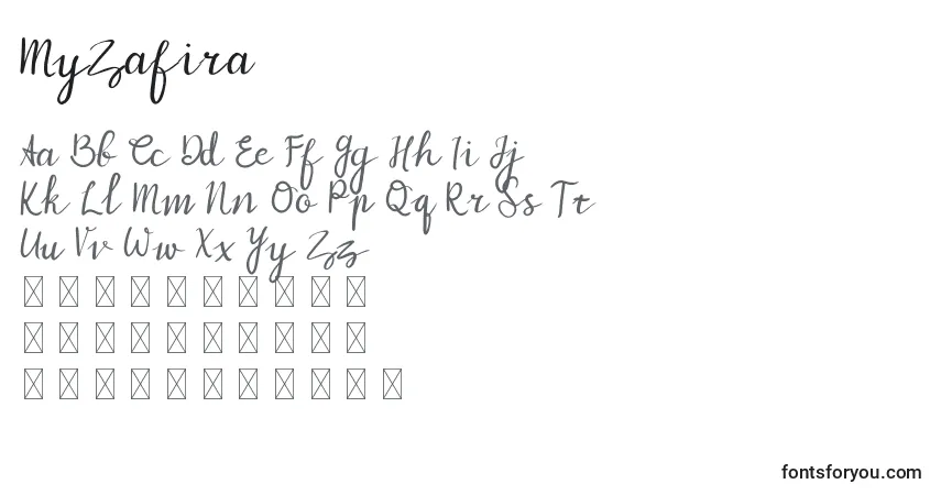Schriftart MyZafira – Alphabet, Zahlen, spezielle Symbole
