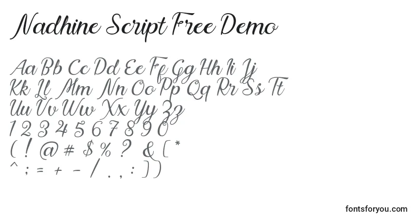 A fonte Nadhine Script Free Demo – alfabeto, números, caracteres especiais