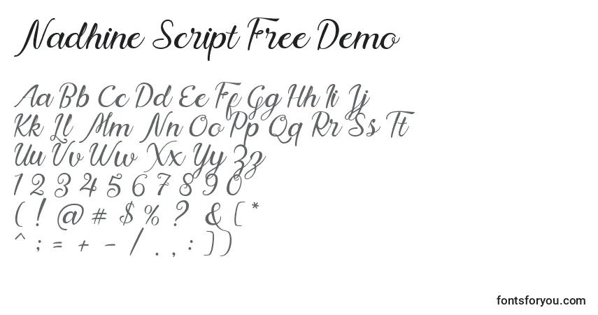 A fonte Nadhine Script Free Demo (135229) – alfabeto, números, caracteres especiais