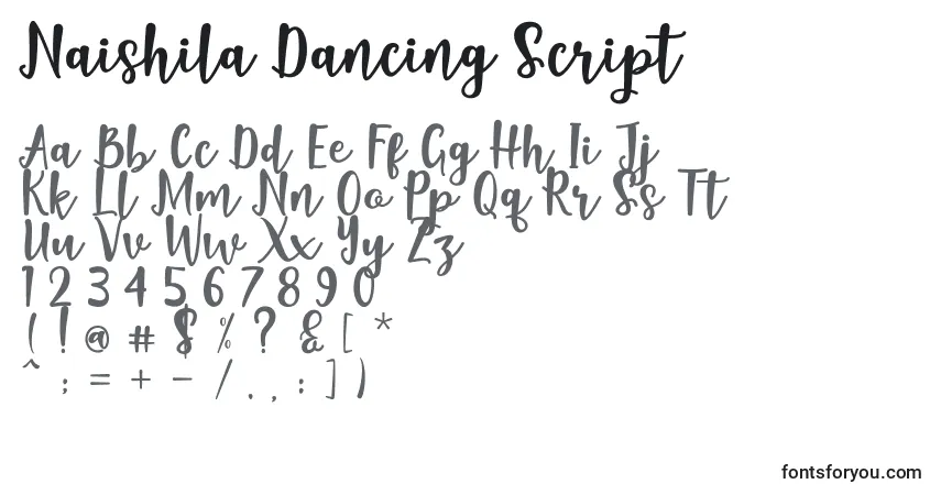 A fonte Naishila Dancing Script – alfabeto, números, caracteres especiais