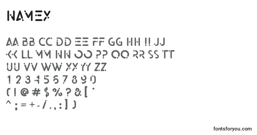 Schriftart Namex – Alphabet, Zahlen, spezielle Symbole