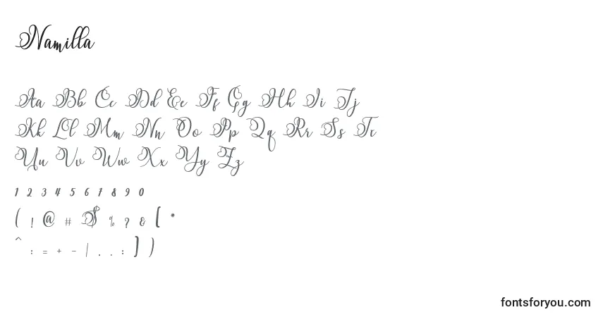 Schriftart Namilla – Alphabet, Zahlen, spezielle Symbole