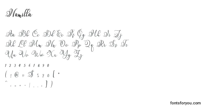 A fonte Namilla (135266) – alfabeto, números, caracteres especiais
