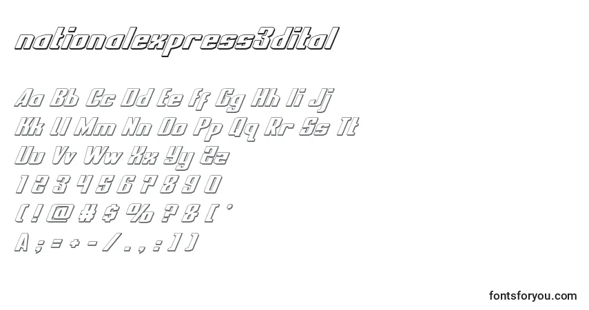 A fonte Nationalexpress3dital – alfabeto, números, caracteres especiais
