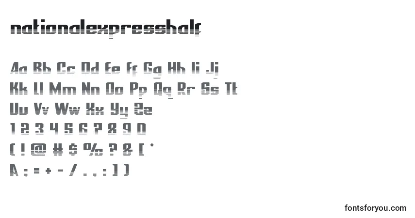 Czcionka Nationalexpresshalf – alfabet, cyfry, specjalne znaki