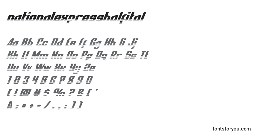 Schriftart Nationalexpresshalfital – Alphabet, Zahlen, spezielle Symbole