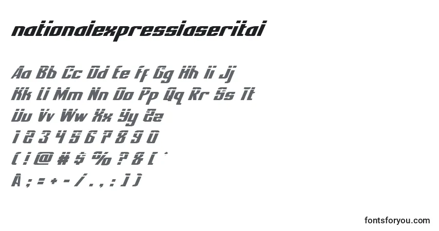 Czcionka Nationalexpresslaserital – alfabet, cyfry, specjalne znaki