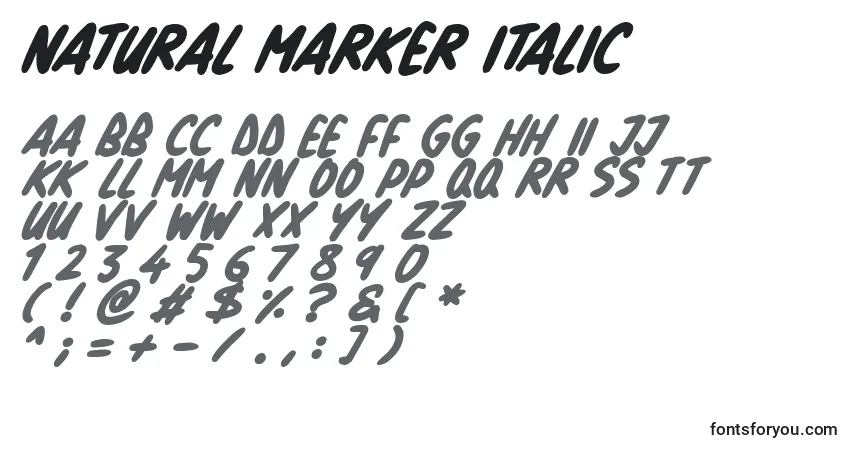 Czcionka Natural Marker Italic – alfabet, cyfry, specjalne znaki
