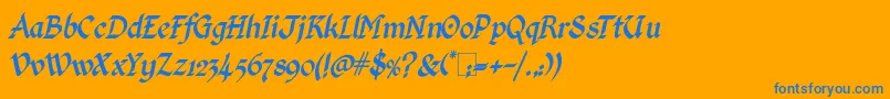 Fonte KingthingsCalligraphicaItalic – fontes azuis em um fundo laranja