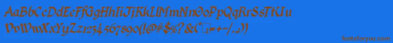 フォントKingthingsCalligraphicaItalic – 茶色の文字が青い背景にあります。