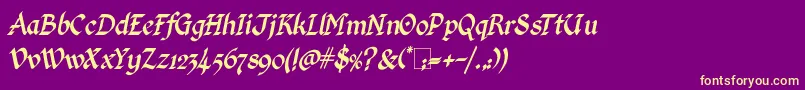 Fonte KingthingsCalligraphicaItalic – fontes amarelas em um fundo roxo