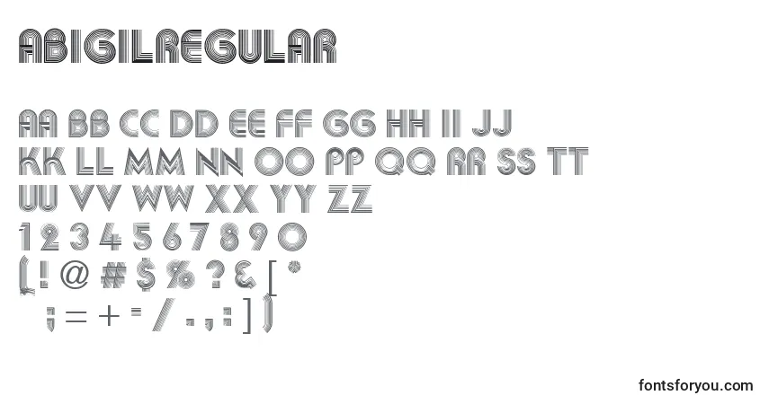 Czcionka AbigilRegular – alfabet, cyfry, specjalne znaki