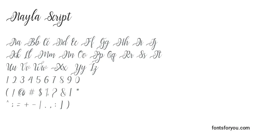 Schriftart Nayla Script – Alphabet, Zahlen, spezielle Symbole