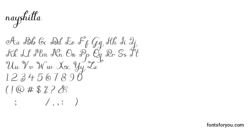 Schriftart Nayshilla – Alphabet, Zahlen, spezielle Symbole