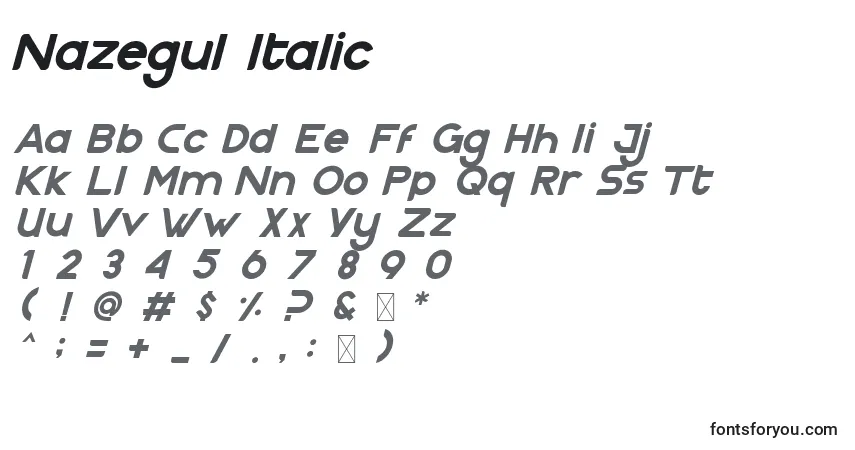 Schriftart Nazegul Italic – Alphabet, Zahlen, spezielle Symbole