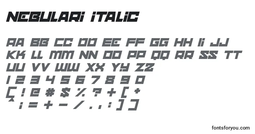 Schriftart Nebulari italic – Alphabet, Zahlen, spezielle Symbole