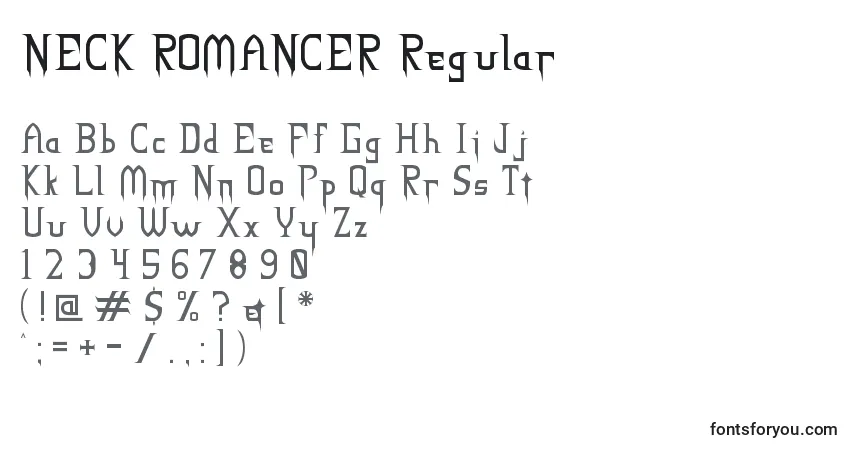 Czcionka NECK ROMANCER Regular – alfabet, cyfry, specjalne znaki