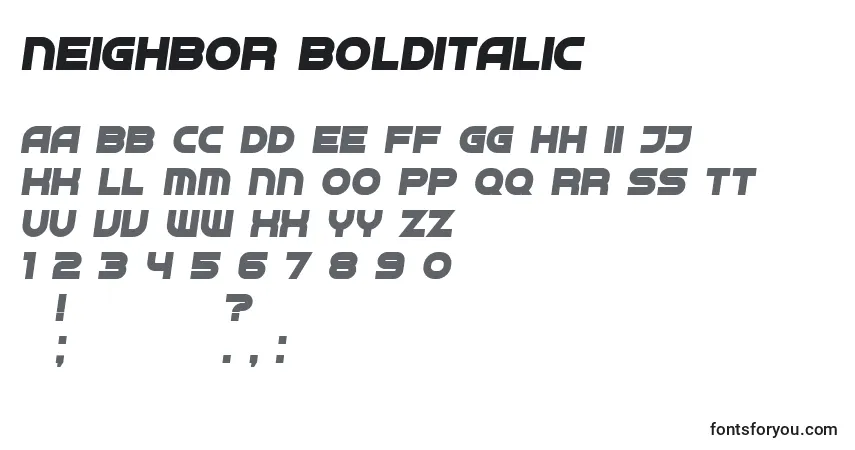 A fonte Neighbor BoldItalic – alfabeto, números, caracteres especiais