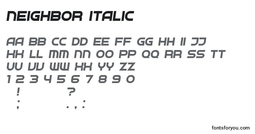 A fonte Neighbor Italic – alfabeto, números, caracteres especiais