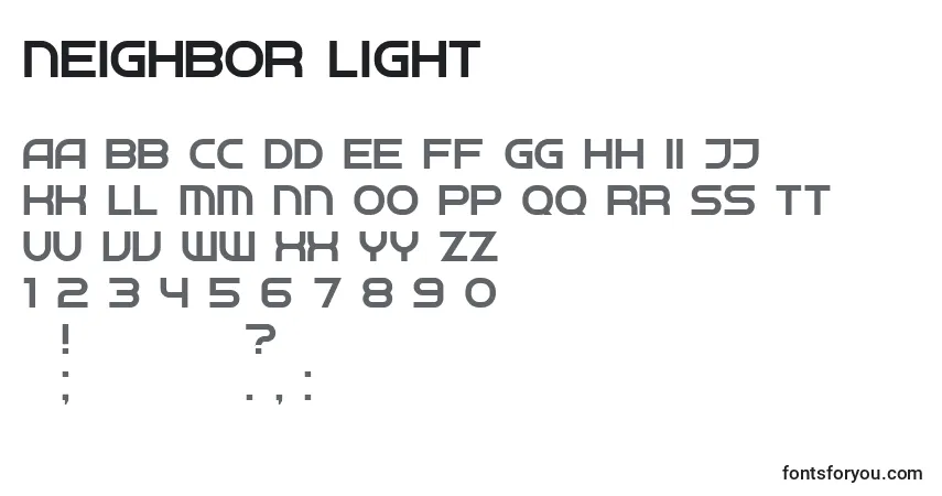 Czcionka Neighbor Light – alfabet, cyfry, specjalne znaki