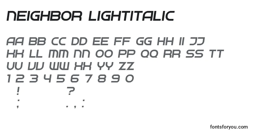 Czcionka Neighbor LightItalic – alfabet, cyfry, specjalne znaki