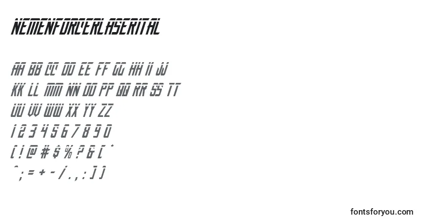 Шрифт Nemenforcerlaserital (135415) – алфавит, цифры, специальные символы