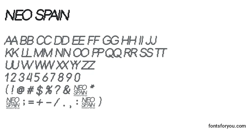 Czcionka Neo Spain – alfabet, cyfry, specjalne znaki