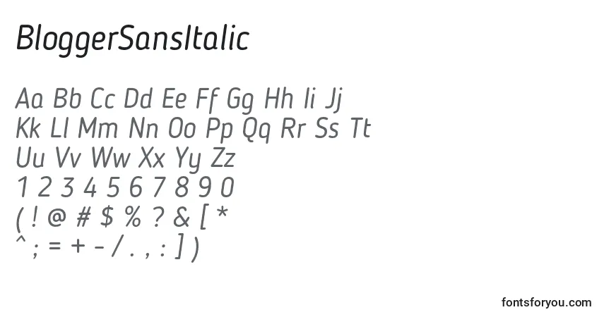 Шрифт BloggerSansItalic – алфавит, цифры, специальные символы