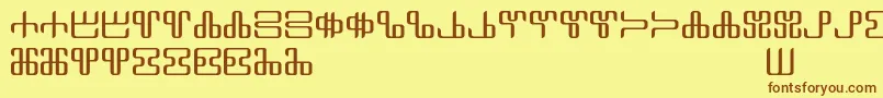 フォントNeoglagolitic Alpha – 茶色の文字が黄色の背景にあります。