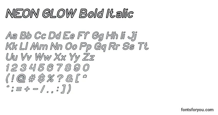 Schriftart NEON GLOW Bold Italic – Alphabet, Zahlen, spezielle Symbole