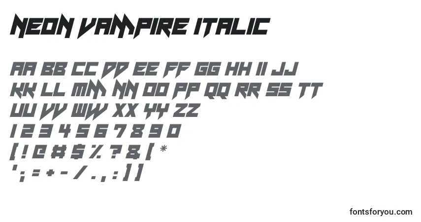 Schriftart Neon Vampire Italic – Alphabet, Zahlen, spezielle Symbole