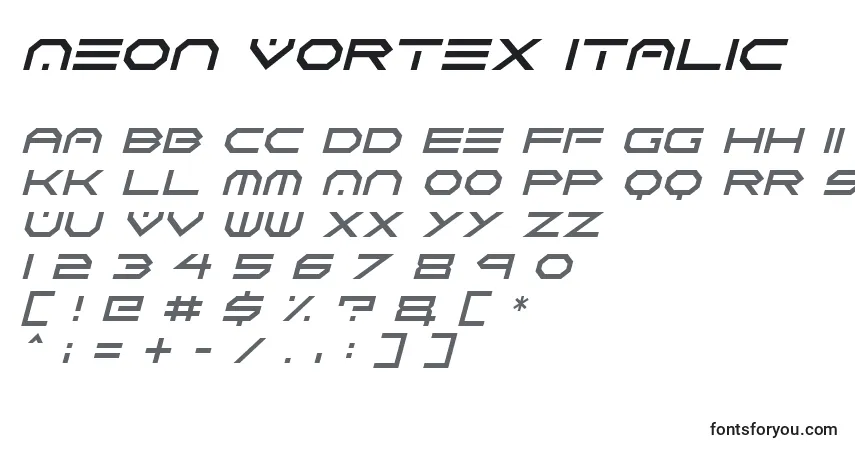 A fonte Neon Vortex Italic – alfabeto, números, caracteres especiais